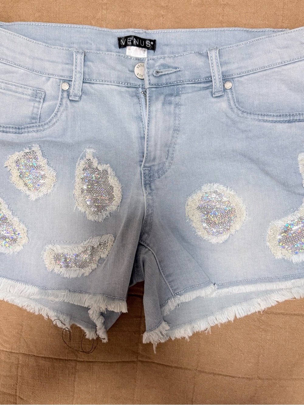 VENUS Light Blue Denim Cutoff Shorts with Holographic Sequin Patches
